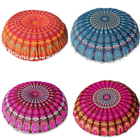 Giant Floor Pillows, Round Floor Cushion, Cover Ottoman, Round Cushions, Cushion Seating, Large Mandala, Round Floor Pillow, Pom Pom Pillows, Boho Quilt