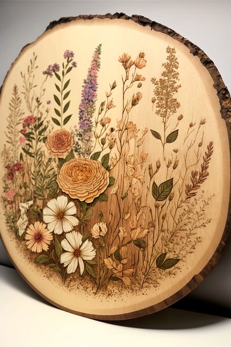 a wood slice with a bunch of wildflowers wood burned on it and painted in with pencil crayon and watercolor paint. Unique Woodburning Ideas, Earthy Paintings Canvas, Wood Burning Inspiration, Wood Burn And Paint, Fall Woodburning Ideas, Wood Burn Trees, Wedding Wood Burning Ideas, Burn Wood Art, Burned Wood Art