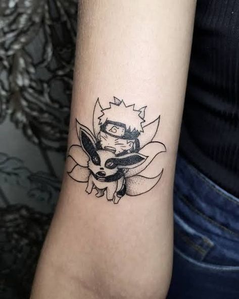 Naruto And Kurama Tattoo, Naruto Couple Tattoos, Naruto Kurama Tattoo, Kurama Tattoo Design, One Piece Small Tattoo, Small Naruto Tattoo Ideas, Kurama Tattoo, Kakashi Tattoo, Pop Culture Tattoos