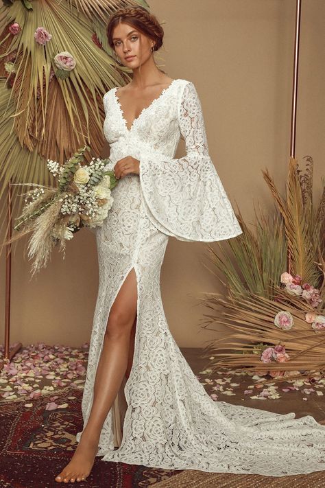 11 Romantic Boho Wedding Dress Options - Lulus.com Fashion Blog Lulus Wedding Dress, Long Sleeve Bridal Dresses, How To Dress For A Wedding, Ivory Lace Dress, Affordable Wedding Dresses, Grace Loves Lace, Sleeve Wedding Dress, Long Sleeve Wedding, Wedding Dress Sleeves