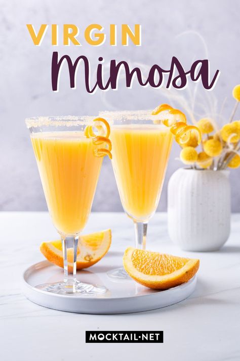 Our Non Alcoholic Mimosa recipe or Virgin Mimosa Mocktail is the perfect brunch drink and way more flavorful than those boring, classic cocktails! It’s easy to make, full of flavor and bubbly and refreshing: the perfect virgin drink for everyone, from kids to people avoiding alcohol. Swap alcoholic cocktails for our healthy tasty mocktails: our mimosas recipe is perfect for a sober brunch, or consider this as your baby shower beverage. Make your day perfect! #mocktail #summer #brunch #drink Bubbly Mocktails Non Alcoholic, Gold Drinks Non Alcoholic, Yellow Mocktails Non Alcoholic, Virgin Mimosa, Mocktail Easy, Mimosa Recipe Easy, Kid Friendly Mocktails, Mimosa Mocktail, Mimosas Recipe