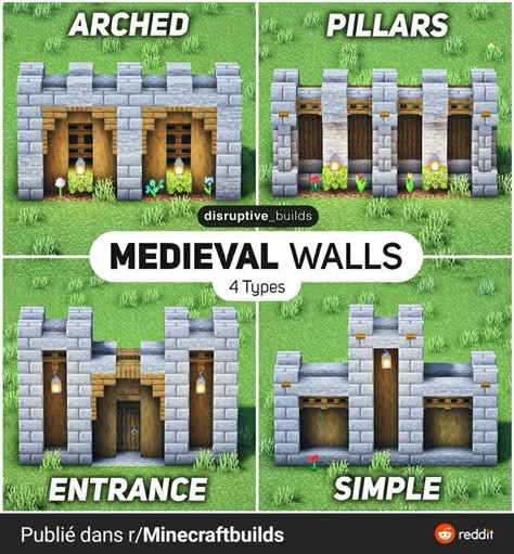 Types Of Minecraft Roofs, Minecraft Town Wall Ideas, Things To Add To Your Medieval Minecraft World, Clift Side House Minecraft, Minecraft Village Walls Ideas, Walls For Minecraft, Medieval Style Minecraft Builds, Minecraft Perimeter Wall, Minecraft Wall Inspiration