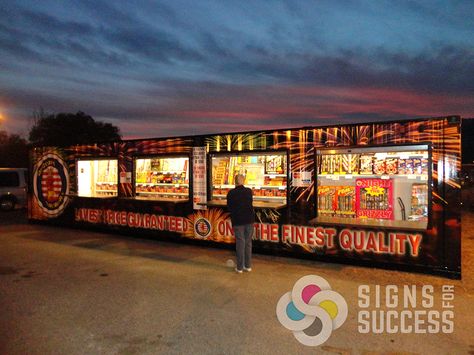 Discount Fireworks Stand Container Wrap - http://signsforsuccess.biz/discount-fireworks-stand-container-wrap/ Fireworks Stand, Firework Stands, Metal Containers, Large Format Printing, Round Logo, Vinyl Wrap, Surface Textures, In The End, Fireworks