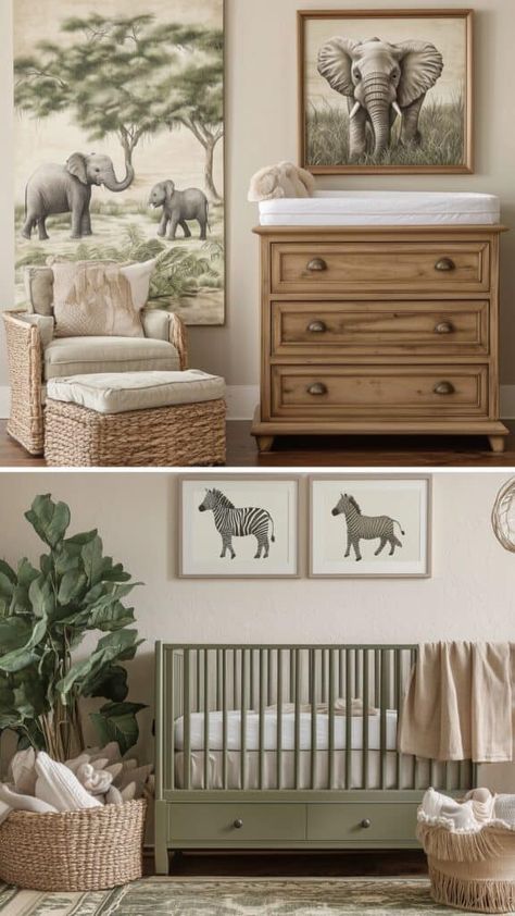 Safari-themed nursery with elephant and zebra artwork, green crib, natural wood dresser, and cozy woven textures. Animal Neutral Nursery, Natural Nursery Ideas, Girl Animal Nursery, Safari Nursery Girl, Green Crib, Natural Wood Dresser, Zebra Artwork, Nature Inspired Nursery