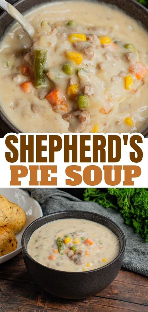 Shepherd's Pie Soup is a hearty soup loaded with instant mashed potatoes, ground beef, chicken broth, half and half, diced onions and frozen mixed vegetables. Mashed Potatoes Ground Beef, Potatoes Ground Beef, Mashed Potato Soup, Frozen Mixed Vegetables, Bread Bowl Recipe, Chicken Broth Recipes, Chicken Mashed Potatoes, Instant Mashed Potatoes, Beef Soup Recipes