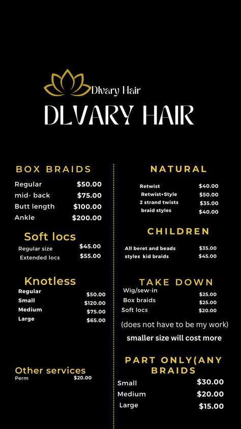 Hair Stylist Pricing List, Braided Hairstyles Price List, Hairstyles Price List, Prices For Braids, Hair Braiding Price List, Knotless Braids Price List, Braids Price List Ideas, Name Ideas For Hair Business, Hair Services Price List