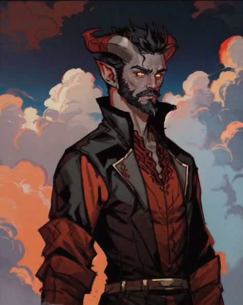 Tiefling Ranger Dnd Male, Old Tiefling Male, Tiefling Rogue Male, Teifling Male Character Art, Tiefling Male Art, Male Tiefling Character Design, Tiefling Male Character Concept, Old Tiefling, Dnd Warlock Character Design