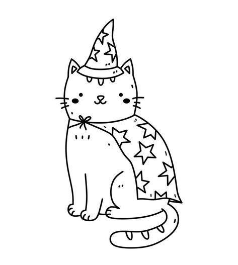 Cute wizard cat isolated on white background. Vector hand-drawn illustration in doodle style. Kawaii character. Perfect for cards, decorations, logo and various designs. Cat Wizard Tattoo, Wizard Cat Drawing, Wizard Doodle, Cute Wizard, Drawn Cats, Treat Board, Wizard Tattoo, Punch Embroidery, Wizard Cat