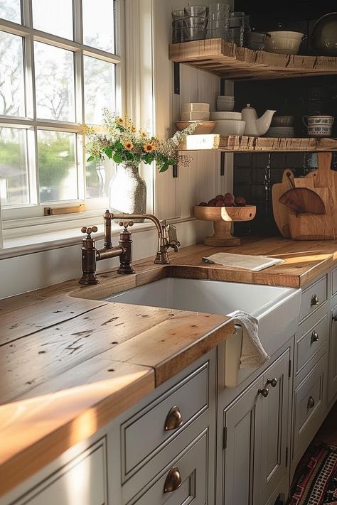 Choose the Perfect Countertops for Your Farmhouse Kitchen - Quiet Minimal Cottage Kitchens, Old Farmhouse Kitchen, Cabin Kitchens, Farm Kitchen, Modern Farmhouse Kitchens, Cottage Kitchen, Counter Tops, Kitchen Remodel Idea, Kitchen Makeover