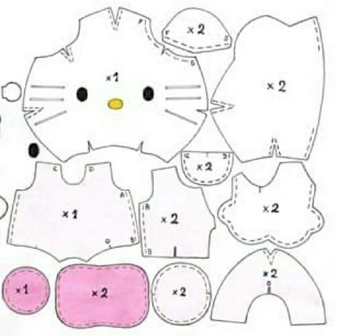 Hello Kitty Plush Pattern Free, Hello Kitty Sewing, Diy Plush, Diy Hello Kitty, Hello Kitty Crafts, Paper Toys Template, Animal Sewing Patterns, Crochet Hair Accessories, Sewing Stuffed Animals