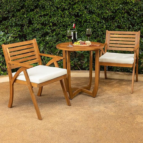 Finish Premium Patio Bistro Table and Chair Set of 2, Acacia Wood 2 Armchairs w/Cushions, Heavy Duty Design up to 450lbs Capacity.  BEAUTIFUL set for Condo Balcony and Small Patio Areas.  CLICK FOR MORE DETAILS. LIKE, SAVE & FOLLOW. #ad #acacia #patio #bistroset Modern Bistro Set Bistro Table And Chairs, Bistro Patio Set, Bistro Table Set, Bistro Table Outdoor, Outdoor Tables And Chairs, Outdoor Bistro Set, Table And Chair Set, Table And Chair, Bistro Set