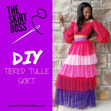 DIY Tiered Tulle Skirt, head over to www.thepatternboss.com Tulle Skirt Tutorial Layered, Layered Skirt Pattern, Tulle Skirt Pattern, Tulle Skirt Kids, Tulle Dress Diy, Tiered Skirt Pattern, Tool Skirt, Tiered Dress Pattern, Diy Tulle Skirt