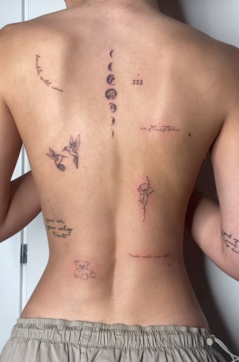 Back Fine Line Tattoo Women, Back Tattoo Placement For Women, Back Tattoo Women Dainty, Back Sticker Tattoo Women, Twitches Tattoo, Spins Tattoos For Women, Back Placement Tattoos, Back Patchwork Tattoo Women, Back Patch Work Tattoo