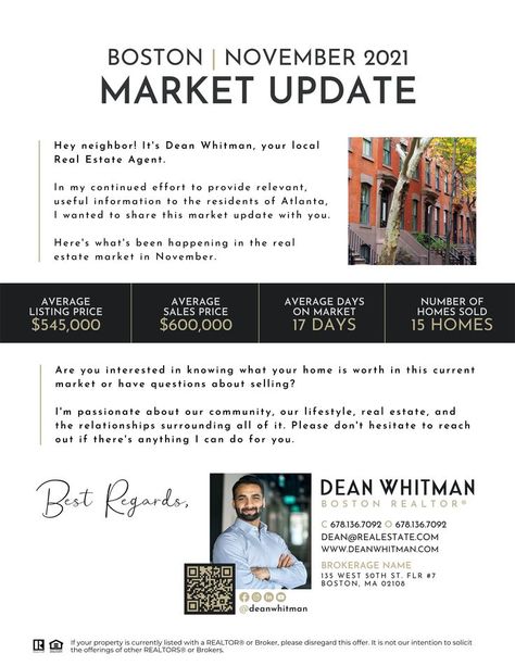 White and black market update letter with real estate agent photo and contact information. The photo also has a QR-Code Real Estate Market Update, Market Update Real Estate, Real Estate Mailer Ideas, Real Estate Newsletter Ideas, Realtor Tools, Newsletter Content Ideas, Prospecting Real Estate, Realtor Ads, Real Estate Agent Flyer