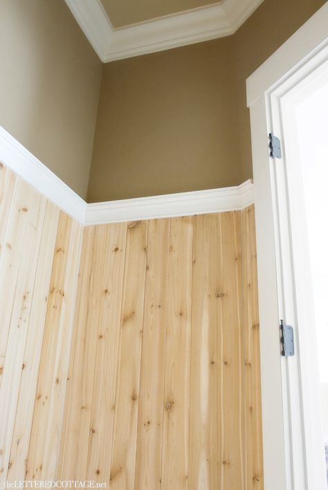 Natural Wood Beadboard Walls, Natural Wood Wainscoting, Stained Beadboard Walls, Half Bath Update, Pine Wainscoting, Beadboard Half Wall, Stained Beadboard, Cabin Walls, Pine Paneling