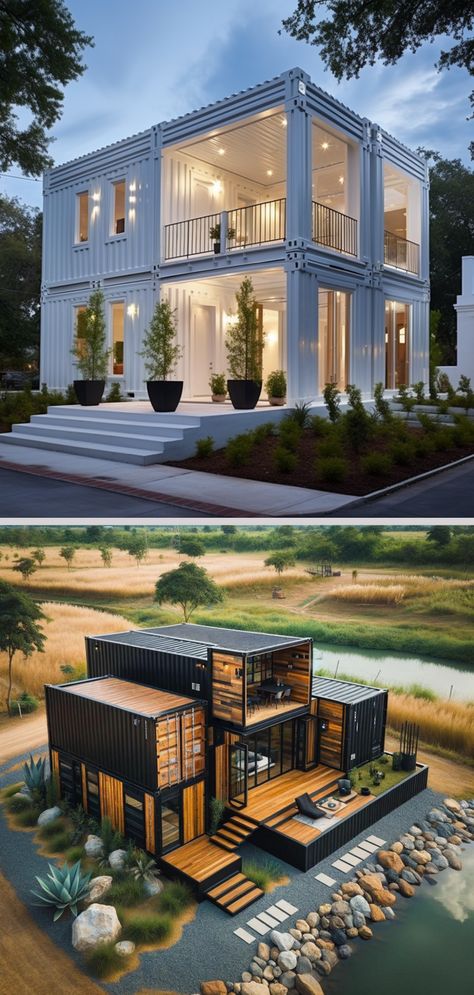 Eco-Friendly and Stylish Container Houses You'll Love Container House Design Large, Container Office Design Ideas, Two Story Container Home, 2 Story Container House, Container Home Exterior, Container Home Layout, Building Dream Home, Container Homes Ideas Design, Luxury Container Homes