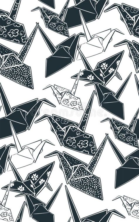 Paper cranes origami seamless pattern japanese chinese oriental vector ink style design elements illustration. Paper cranes origami seamless pattern japanese royalty free illustration Origami Drawing Illustrations, Japanese Elements Design, Paper Crane Illustration, Paper Crane Aesthetic, Japanese Origami Aesthetic, Origami Crane Decoration, Origami Tattoo Ideas, Paper Crane Art, Japanese Scrapbook