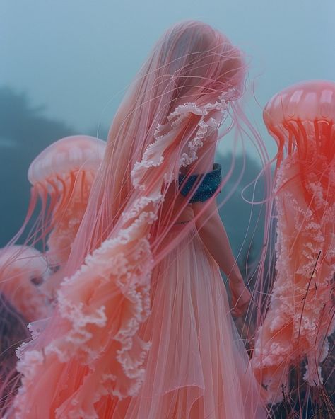 Jelly Fish Umbrellas, Ocean Fashion Inspiration, Jellyfish Fashion Inspiration, Sea Goddess Outfit, Beta Fish Costume, Jelly Fish Inspired Garments, Jellyfish Couture, Sea Halloween Costume, Jellyfish Rave Outfit