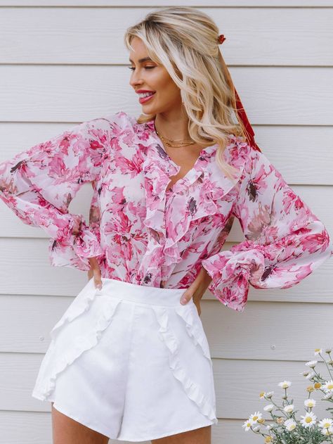 Ruffle Trim Floral Top Floral Blouse Outfit, Summer Blouse Outfit, Special Clothes, Women Blouses, Tops Fall, Floral Print Tops, Blouse Outfit, Plus Size Womens Clothing, Long Blouse