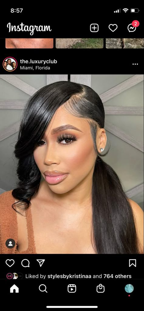 Mikaria Janae Ponytail, High Ponytail With Flipped Ends, Side Swoop Ponytail Weave Wedding, Formal Low Ponytail Black Women, Ponytails With Side Bangs For Black Women, Classic Ponytail Hairstyles Black Women, Two Side Part Ponytail Weave, Left Side Part Ponytail, Graduation Cap With Ponytail