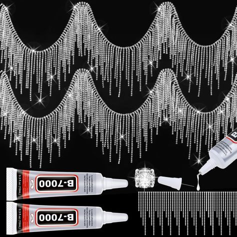 PRICES MAY VARY. 【Perfect Combination】You will receive 1 piece of 1 yards (36'') rhinestone fringe and 2 tubes of 10ml B7000 glue.The perfect combination set can easily meet your various decorating needs 【4 Different Sizes of Rhinestone Trim Fringe】The silver fringe consist of 4 different sizes, the length of the sewing fringe trim is 2.4 inches, 2.6 inches, 3.6 inches, and 4.3 inches, each beaded fringe trim covered with rhinestones. the sparkling rhinestone chain for crafts makes you the most Rhinestone Fringe Belt, Diamond Clothing, Beaded Fringe Trim, Fringe Belt, Rhinestone Designs Pattern, Nozzle Design, Fringed Belt, Denim And Diamonds, Rhinestone Fringe