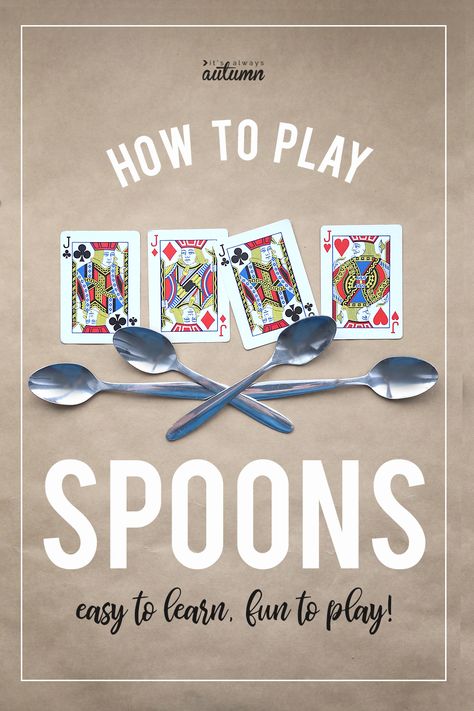 spoons and cards with text: how to play spoons Family Game Night Gift Basket, Spoons Game, How To Play Spoons, Family Games To Play, Game Night Gift, Games To Play With Kids, Bored Kids, Family Card Games, Fun Card Games