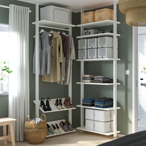 ELVARLI wardrobe combination, white, 36 1/8/36 1/8x87 1/4-137 3/4 ". Make your ELVARLI storage solution into a home for your books, clothes or a lovely display of decorative items. Shelves, clothes rails and height adjustable post will help you utilize your full space, from floor to ceiling. Aluminum. Storage Units Bedroom, Freestanding Closet Ideas, Rooms With No Closet Ideas, Small Bedroom Clothes Storage, No Closet Solutions Bedroom, Maximalist Closet, Elvarli Ikea, Ikea Elvarli, Leaning Shelf