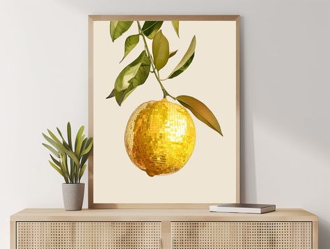 Bar Cart Poster, Disco Mirror, Wall Art Funky, Funky Home, Art Funky, Funky Home Decor, Mirror Ball, Citrus Fruit, Bar Cart