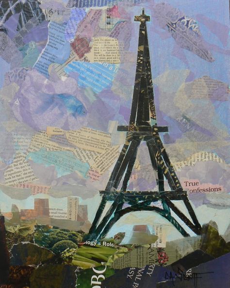 Mixed Media Artists International: Art Sale, Eiffel Tower Collage, "Tour Eiffel" by Carol Schiff, 11x14" Original Collage Sold Paintings, Torn Paper Collage, Kids Collage, Paper Paintings, Collage Landscape, Paper Collages, Frame Collage, Collage Images, Paper Mosaic