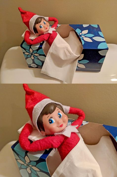 Elf On The Shelf Tissue Box Ideas, Simple Elf Of The Shelf Ideas, Elf On The Shelf Sleeping Ideas, Elf In Stocking Shelf Ideas, Elf Of The Shelf Classroom Ideas, Elf On The Shelf Ideas For Classroom Fun, Elf Ideas For Classroom, Travesuras Elf On The Shelf, Elf On The Shelf Ideas Kitchen Cabinets