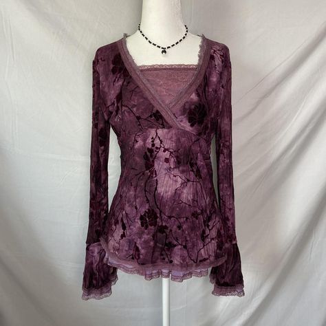 romantic velvet flare sleeve blouse vintage y2k... - Depop Flare Sleeves Blouse, Dark Romantic Aesthetic Outfits, Flared Sleeves Top Outfit, Whimsigoth Top, Velvet Top Outfit, Dark Purple Outfit, Bell Sleeve Top Outfit, Velvet Tops Outfit, Dark Blouse