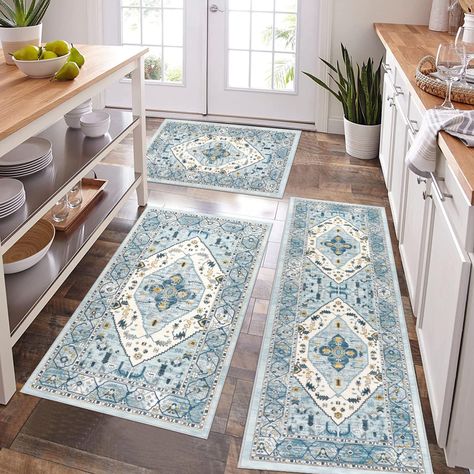 PRICES MAY VARY. Farmhouse Kitchen Rugs Sets of 3: Package includes boho kitchen rugs and mats 3 piece with runner set, Size: 20"x59"+20"x32"+32"x47". Wider and larger size than other kitchen rug set, great for kitchen floor and laundry room decor, also perfect to use as indoor door mat entrance rug, laundry room rug runner, bathroom mat. This vintage kitchen rug set looks very good, adds an elegant touch and a nice pop of color to your home! Durable Stain Resistant Kitchen Mats for Floor: This Rubber Kitchen Mats, Kitchen Runner Rugs, Farmhouse Kitchen Rugs, Laundry Room Rug, Hallway Flooring, Hallway Carpet Runners, Farmhouse Area Rugs, Kitchen Rugs And Mats, Laundry Room Rugs