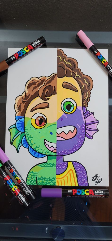 Disney Posca Art, Cartoon Posca Art, Art With Posca Markers, Drawing With Posca Markers, Luca Painting, Luca Drawing, Posca Markers Drawing, Posca Art Ideas, Drawing With Posca