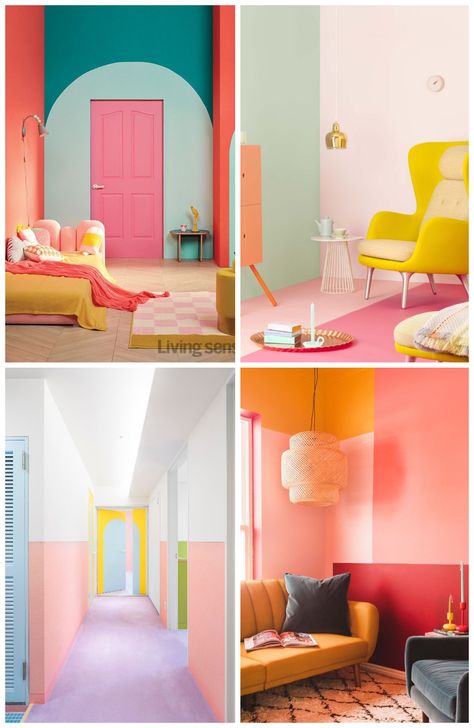 Colorful Minimalism Aesthetic, Room With Different Colored Walls, Color Block Decor, Colorful Walls Bedroom, Colourful Minimalist Decor, Dopamine Interior Design, Fun Living Room Colors, Colorful Stairway, Pop Interior Design