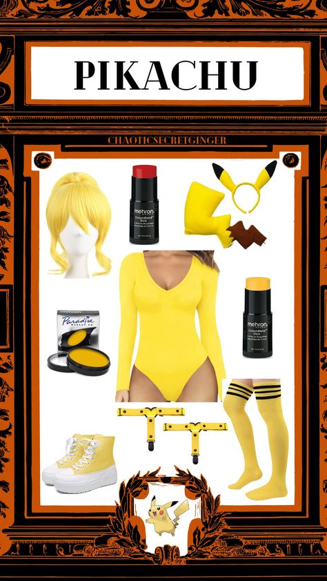 Pikachu costume, yellow wig, yellow bodysuit, yellow facepaint, red facepaint, yellow platform sneakers, yellow garters, Pikachu ears and tail, yellow thigh high socks Diy Pikachu Costume Women, Spicy Costume, Pikachu Costume Women, Pikachu Costume Diy, Pikachu Makeup, Pikachu Diy, All The Pokemon, Pikachu Cosplay, Pikachu Costume