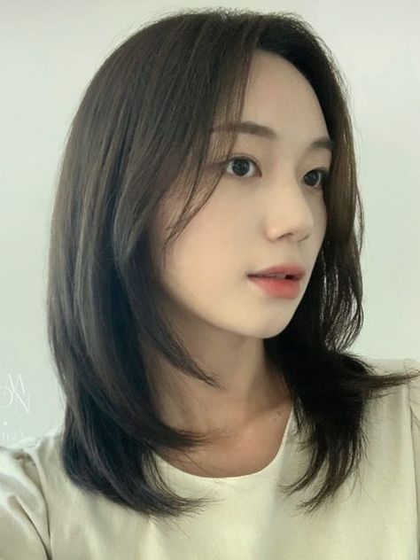 dark ash brown color for layered lob Dark Hair Color Ideas Asian, Round Face Korean Hairstyles, Layered Lob Straight Hair, Short Hair Front Layers, Lob Haircut Asian, Front Layers Short Hair, Asian Lob Haircut, Medium Hair Aesthetic, Unstyled Haircuts