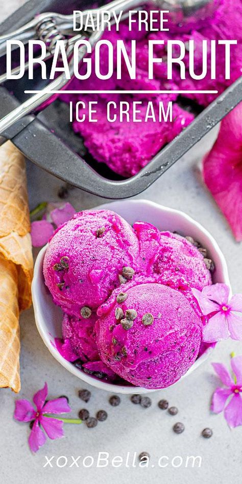 Dairy Free Dragon Fruit Ice Cream - No Churn | xoxoBella Ice Cream Without Heavy Cream, Dragon Fruit Ice Cream, Colourful Ice Cream, 2 Ingredient Ice Cream, Ice Cream Flavour, Dragonfruit Recipes, Churn Ice Cream, Dairy Free Recipes Dessert, Dragon Fruit Smoothie