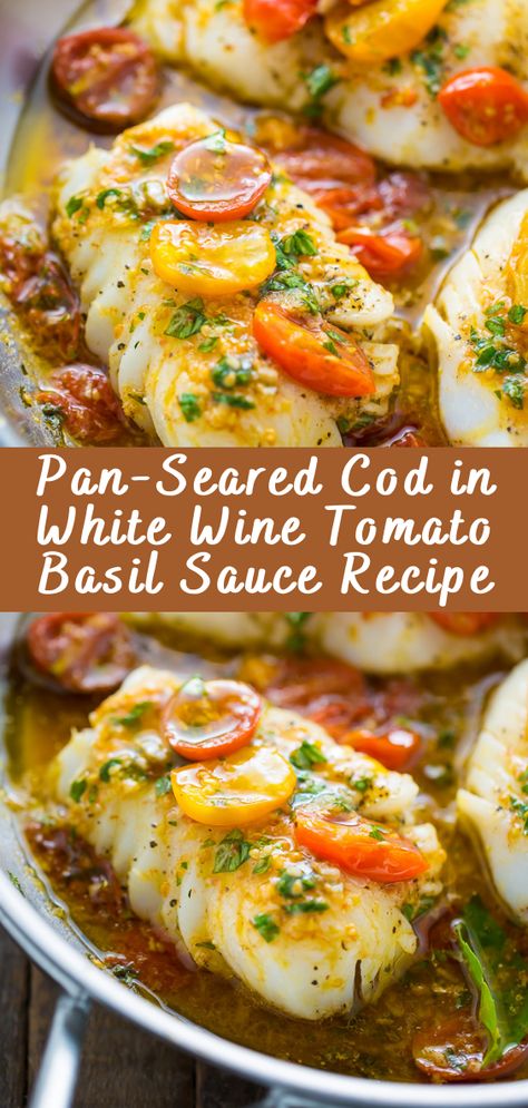 Pan-Seared Cod in White Wine Tomato Basil Sauce Introduction Pan-seared cod fish is a culinary delight that combines the delicate flavors of cod with a luscious white wine tomato basil sauce. This recipe is not only delicious but also quick and easy to prepare, making it perfect for a weeknight dinner or a special occasion. […] The post Pan-Seared Cod in White Wine Tomato ... White Wine Tomato Basil Sauce, Lighter Meals, Seared Cod, Garlic White Wine Sauce, Cod Fish Recipes, Fish Ideas, Fish Dinner Recipes, Tomato Basil Sauce, Basil Sauce