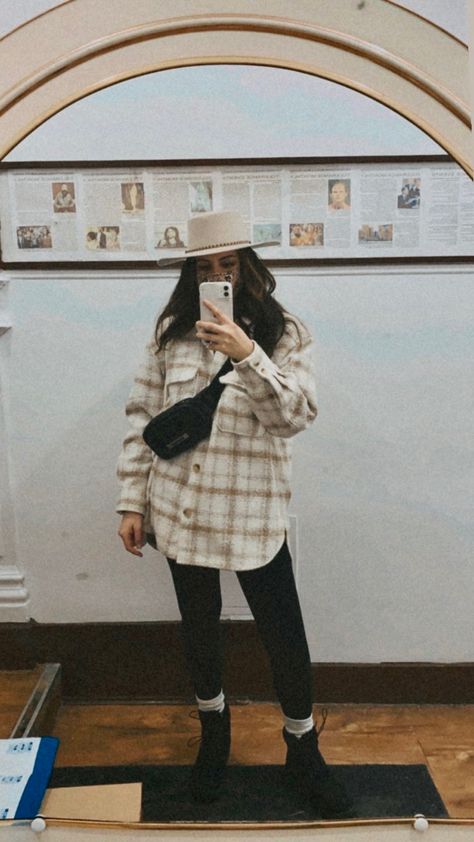 Full length selfie of a woman wearing a hat, shacket, leggings, and boots Brown And White Shacket Outfit, Charcoal Shacket Outfit, Shacket Winter Outfit Women, White Shaket Jacket Outfit, Shakets Women Outfits, 49 Degree Weather Outfit, Houndstooth Shacket Outfit, Shackets For Women Outfit Fall, Shakets Women