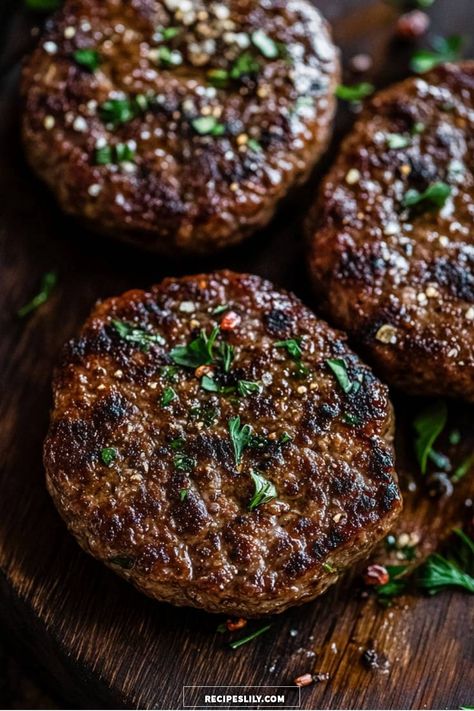 These juicy homemade burger patties are a game-changer for your grilling nights! With perfect seasoning and a satisfying texture, they are great for any barbecue. I love adding fresh herbs on top to enhance the flavor. Get ready to impress your friends and family with this easy yet delicious recipe! Juicy Beef Burger Patty Recipe, Homemade Burgers Patties Recipe, Homemade Burgers Patties, Beef Burger Patty Recipe, Hamburger Patty Recipe, Beef Patty Recipe, Homemade Burger Patties, Burger Patty Recipe, Beef Patties Recipes