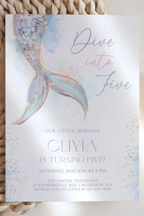 Dive Into Five Birthday Invitation Mermaid Birthday Invitation Dive Into Five Invitation Mermaid Tail Invitation Mermaid Bday Invite Girl M3 - Etsy Dive Into Five Birthday Girl, Barbie Mermaid Birthday Party, Mermaid Theme Invitation, 5 Year Birthday Party Ideas, Mermaid Party Invitations, Mermaid Birthday Party Invitations, Mermaid Birthday Cakes, Mermaid Barbie, 5th Birthday Party Ideas