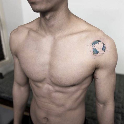 Earth tattoo on the left shoulder Small Wave Tattoo, Globe Tattoos, Earth Tattoo, Small Shoulder Tattoos, Armband Tattoos, Men's Small Tattoo, Mens Shoulder Tattoo, Small Tattoos With Meaning, Tattoo Inspiration Men