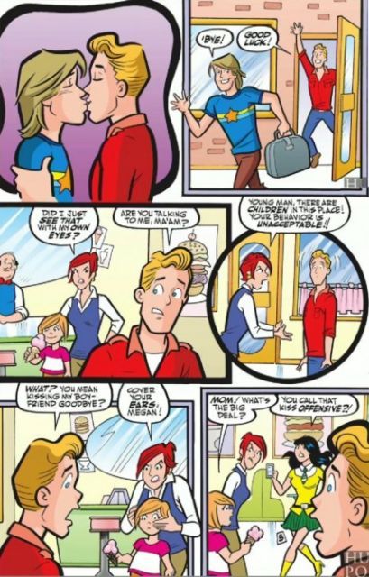 Archie Comics get first gay piss; pre-emptively take piss out of Million Moms' reaction by introducing The 12 Million Moms over-reacting throughout Riverdale. Lgbt Memes, Gay Comics, Gay Humor, Lgbt Rights, Gay Memes, Famous Cartoons, Lgbt Love, Archie Comics, First Kiss