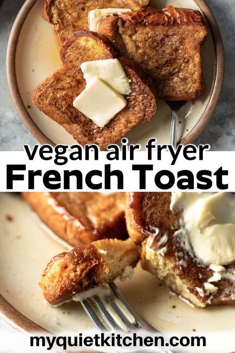 Air Fryer French Toast is our new favorite thing! This one is vegan and you'll love how quickly it comes together. Plus the flavors and textures are amazing. You'll never miss the eggs and dariy. No air fryer? That's okay! Stovetop instructions included. Easy Vegan Air Fryer Recipes, Vegan Airfryer Recipe, Air Fryer Vegan Recipes, Toast In Air Fryer, Vegan Airfryer, Vegan Air Fryer Recipes, Air Fryer Vegan, Air Fryer French Toast, Vegan Air Fryer