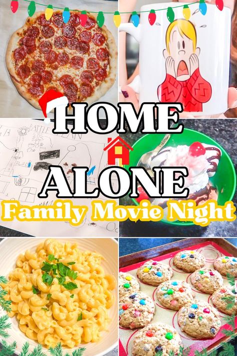 mac and cheese, M&M cookies, a Kevin McCallister Mug, Battle plans, ice cream sundaes, and pepperoni pizza. Home Alone Movie Night, Home Alone Party, Family Movie Night Snacks, Themed Movie Night, Kids Christmas Movies, Christmas Pizza, Movie Night Theme, Movie Night For Kids, Holiday Movie Night