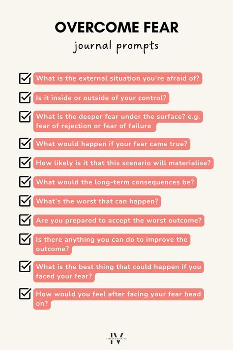 Want to overcome fear in any situation and live your best life? These journal prompts will help you to overcome fear in ANY situation! Read the blog to understand more about where fear comes from and how we can reframe it into a more empowering narrative. 💪 Fear Prompts, List Of Fears, Fear Journal Prompt, Journal Prompts For Fear, Fear Setting Worksheet, Fear Of Being Perceived, Fear Of Rejection Journal Prompts, Daily Affirmations About Fear, Fear Of Rejection Shadow Work