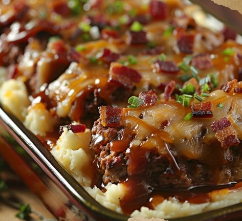 Introducing a hearty and wholesome dish straight from the heart of the Wild West: Cowboy Meatloaf and Potato Casserole. This mouthwatering combination of flavors brings together the comforting essence of classic meatloaf with the rustic charm of cowboy-style potatoes, creating a meal that's sure to satisfy even the heartiest of appetites. Imagine sinking your fork... Cowboy Meatloaf And Potato Casserole, Cowboy Meatloaf, Single Meals, Beef Meatloaf, Recipes On A Budget, How To Cook Meatloaf, Layered Potato, Beef Ground, Classic Meatloaf