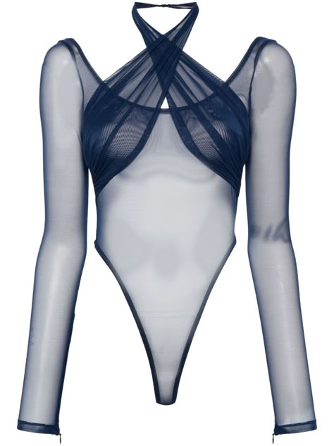 Find LAQUAN SMITH Mesh Layered Bodysuit on Editorialist. Navy blue Stretch mesh design Layered effect Scoop and halter neck Long sleeves Low back Zip rear fastening High cut Unlined Made in the US Just a reminder that this piece must be tried on over your own garments. Fish Net Bodysuit, Plunge Bodysuit, Mock Neck Bodysuit, Backless Bodysuit, Laquan Smith, Halter Bodysuit, Bodysuit Designs, Bodysuit Blouse, Square Neck Bodysuit