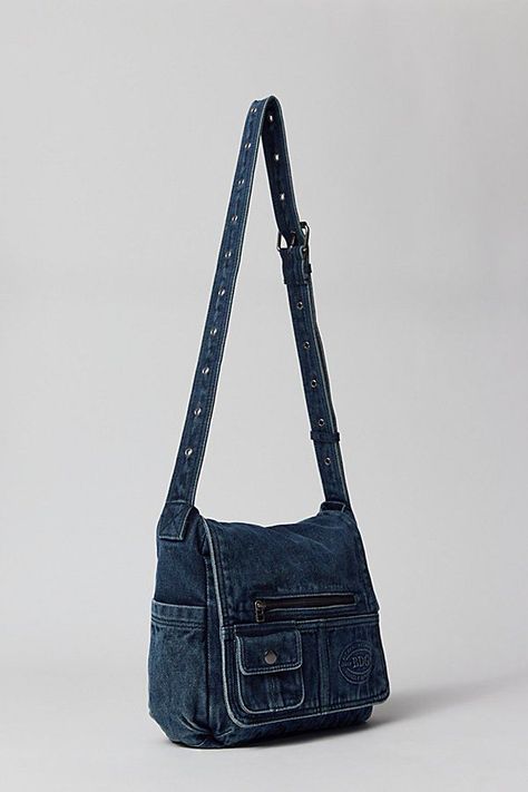 BDG Denim Messenger Bag in Blue Denim, Women's at Urban Outfitters Denim Messenger Bag, Shoulder Bag Outfit, Diy Messenger Bag, Sick Clothes, Adjustable Bag Strap, My Style Bags, Crossbody Bag Fashion, Profile Silhouette, Denim Bags