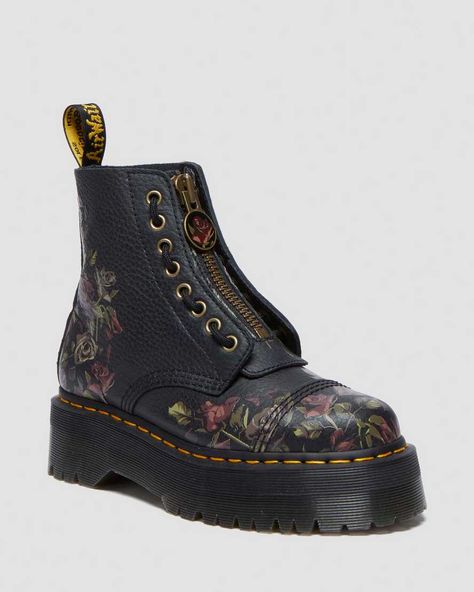 Sinclair Decayed Roses Tumbled Nappa Leather Boots in  | Dr. Martens Floral Doc Martens, Floral Dr Martens, Dr Martens Sinclair, Painted Boots, Leather Platform Boots, Mary Jane Platform Shoes, Soft Leather Boots, Boys School Shoes, Black Dr Martens